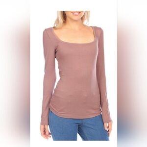 Juniors L Tan Long Sleeve Ribbed Stretch Tee Top Large NWT